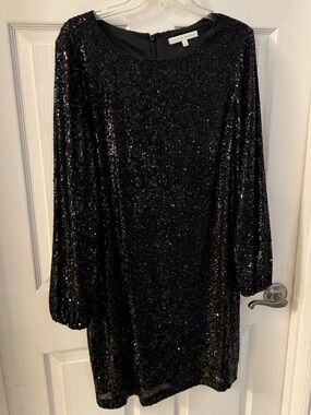 Preston & York Metallic Black Long-Sleeve Sequin Shift Dress
